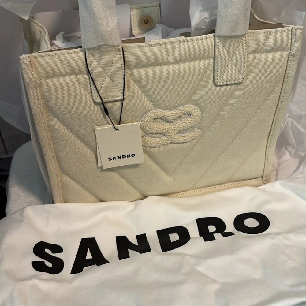 NWT Sandro Kasbah Quilted Canvas Tote In Ecru